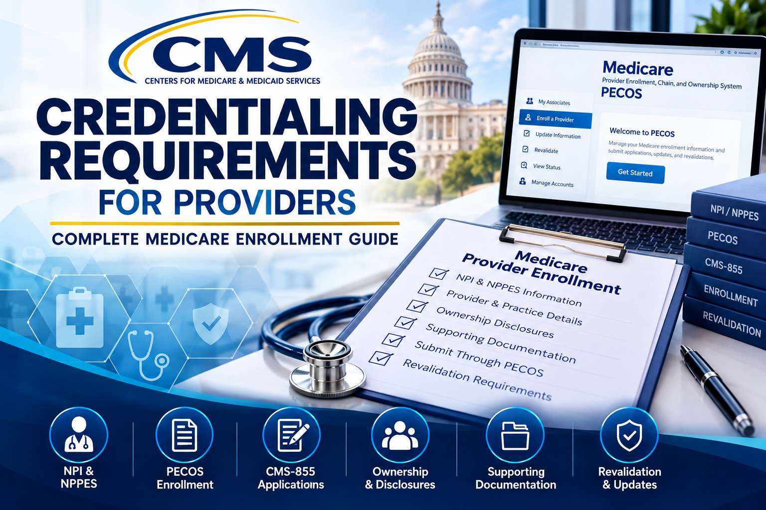 CMS credentialing requirements for providers, Medicare provider enrollment, Medicare credentialing, CMS provider enrollment, PECOS enrollment, PECOS credentialing, Medicare enrollment requirements, Medicare provider credentialing, provider credentialing services, Medicare revalidation, CMS revalidation, healthcare credentialing services, physician credentialing, provider enrollment services, CMS enrollment application.